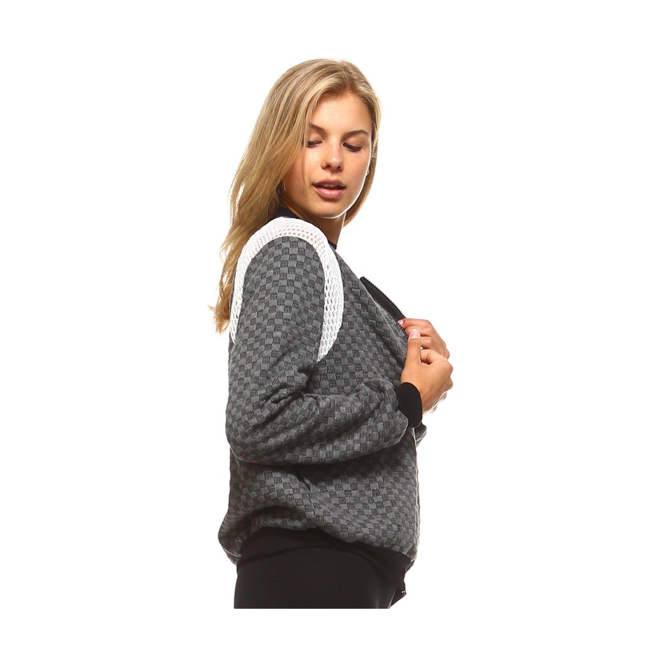 Women's Checkered Mesh Detail Bomber - VacationGrabs