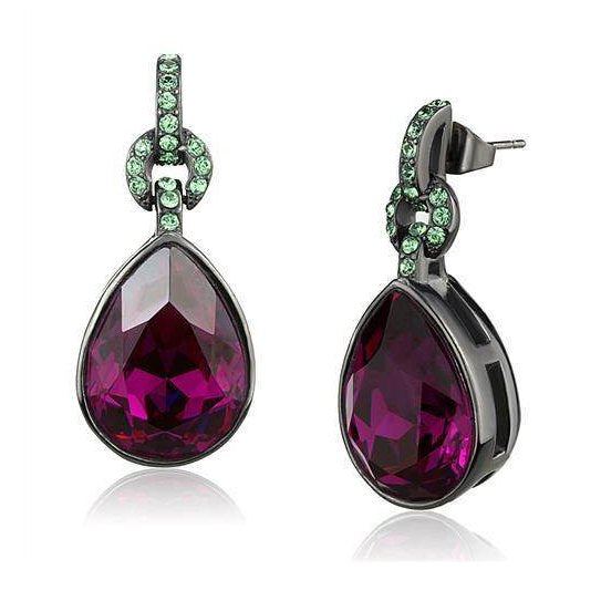 Elegant black teardrop crystal earrings with vibrant purple gems and green accent stones