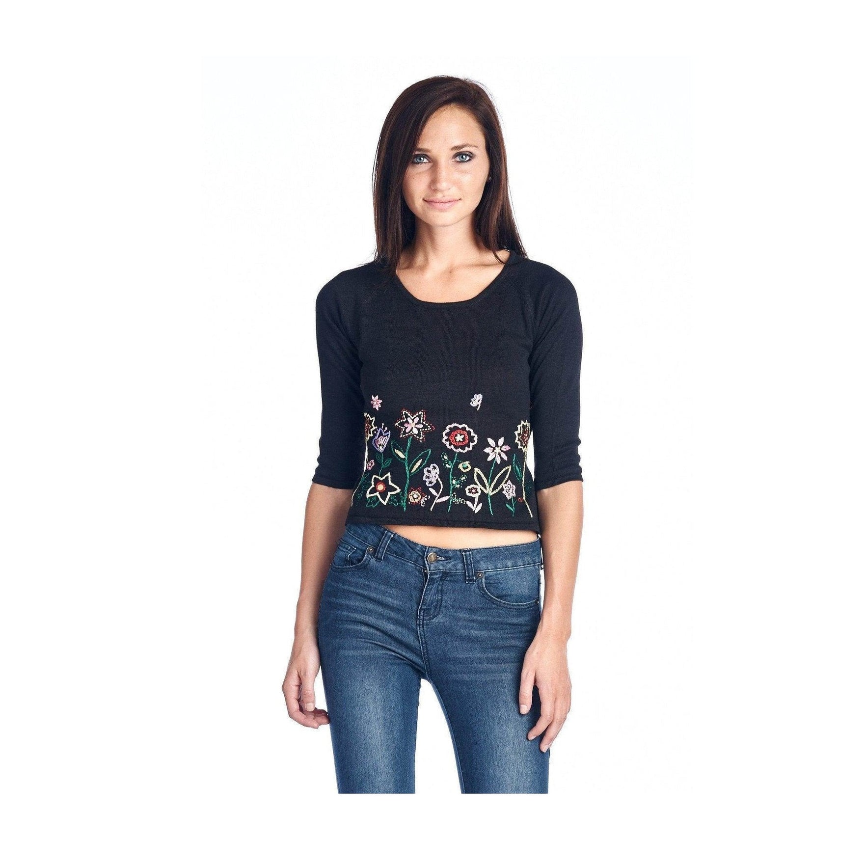 Women's Floral Embroidered Tie-Back Crop Sweater - VacationGrabs
