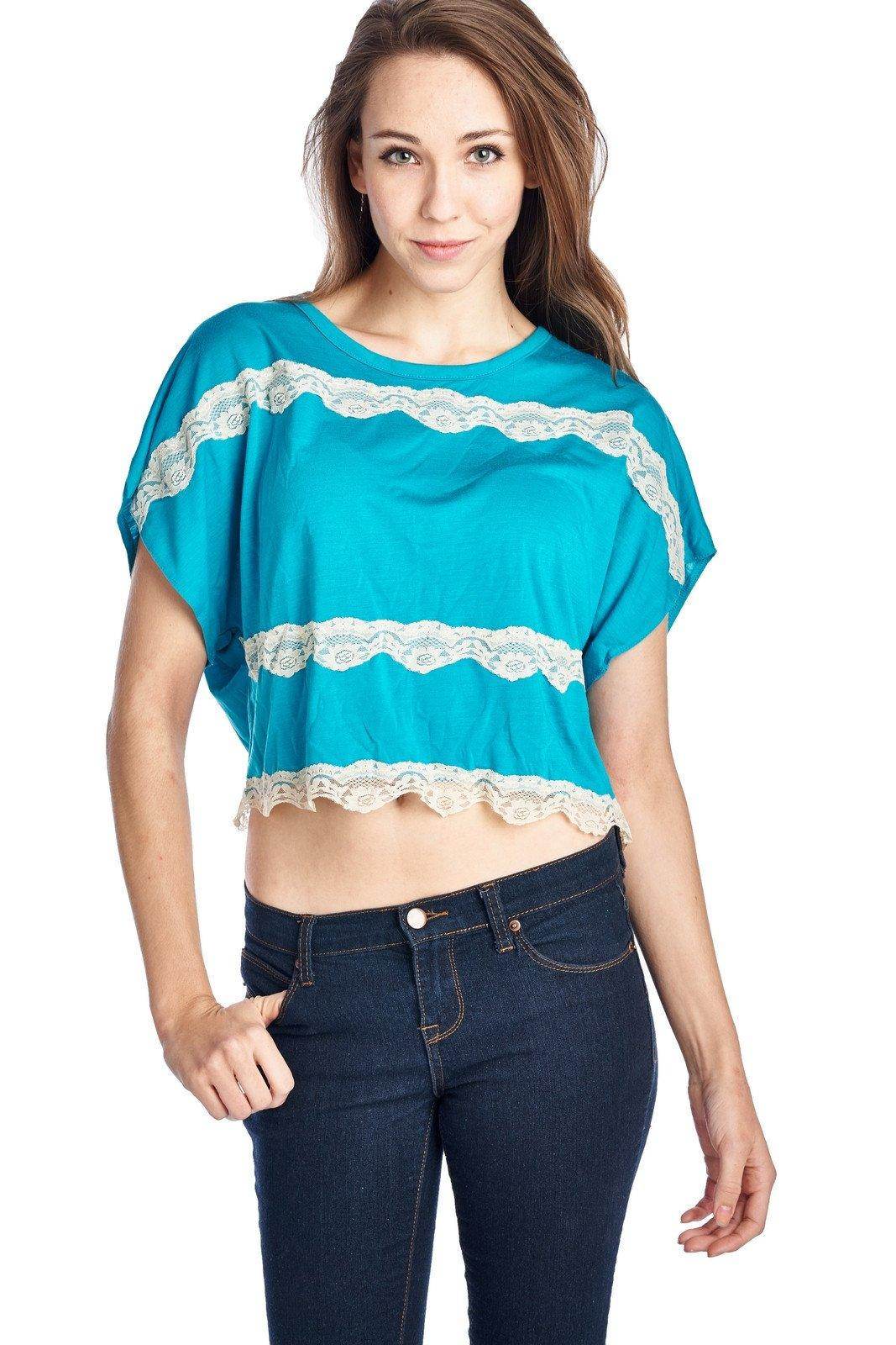 Women's Short Wing Keyhole Back Top with Lace Trim - VacationGrabs