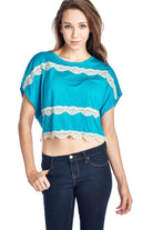 Women's Short Wing Keyhole Back Top with Lace Trim - VacationGrabs
