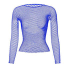 Blue womens fishnet top with long sleeves, perfect for layering or beachwear