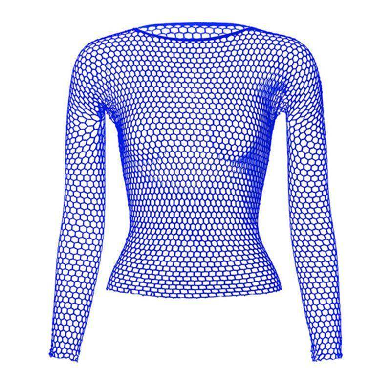 Blue womens fishnet top with long sleeves, perfect for layering or beachwear
