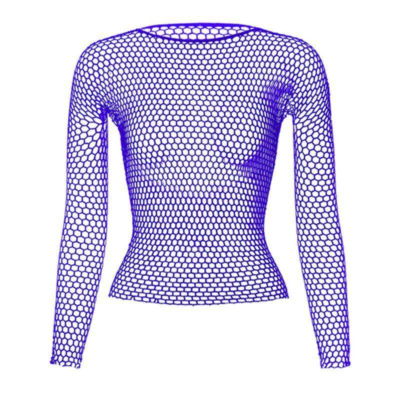 Purple women's fishnet top with long sleeves and a stylish lightweight design for casual wear