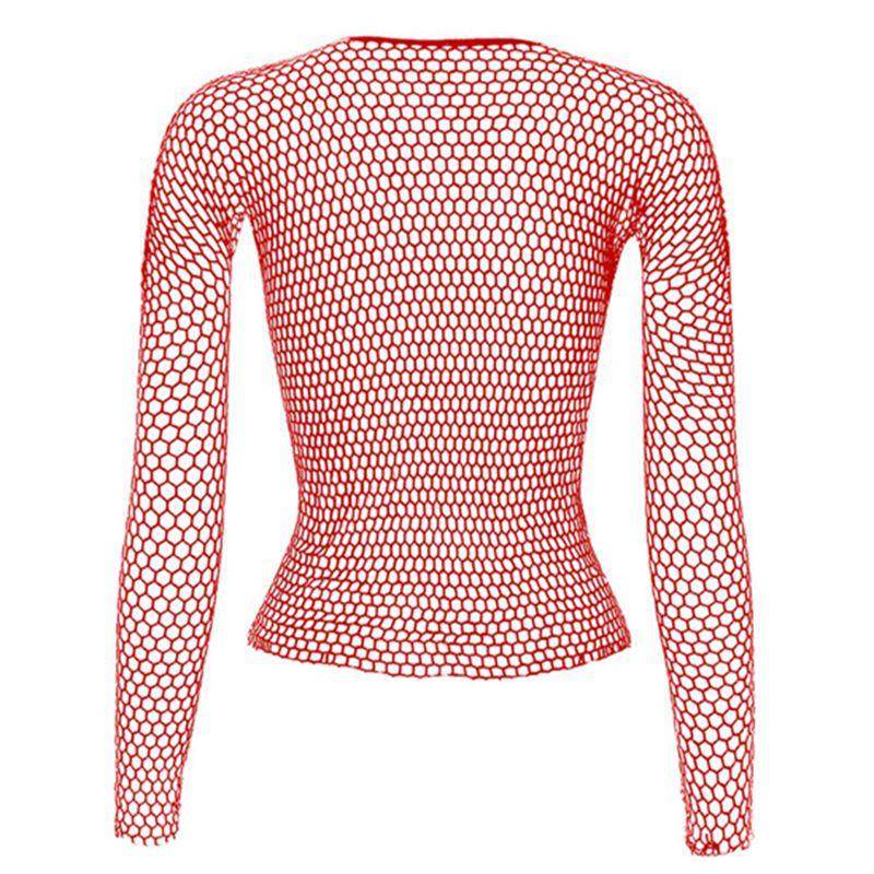 Red womens fishnet top with long sleeves, perfect for layering or summer outfits