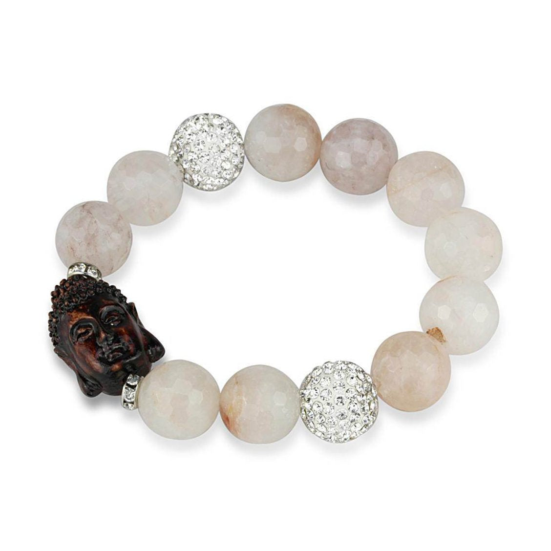 Elegant women's rhodium brass bracelet featuring Buddha charm and sparkling crystal beads