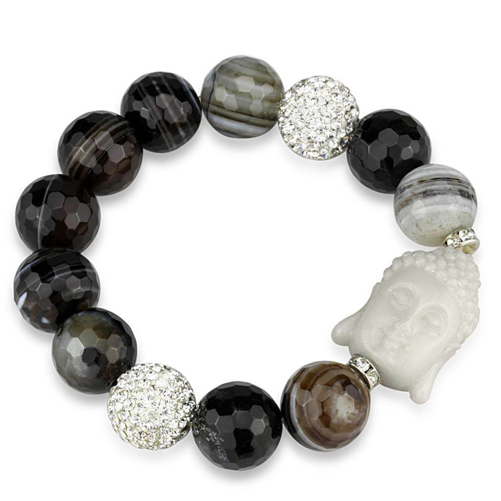 Stylish women's rhodium brass Buddha bracelet featuring faceted black and gray stones with a Buddha charm