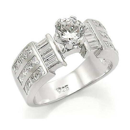 Stunning women's silver ring with cubic zirconia featuring a central round stone and elegant band design