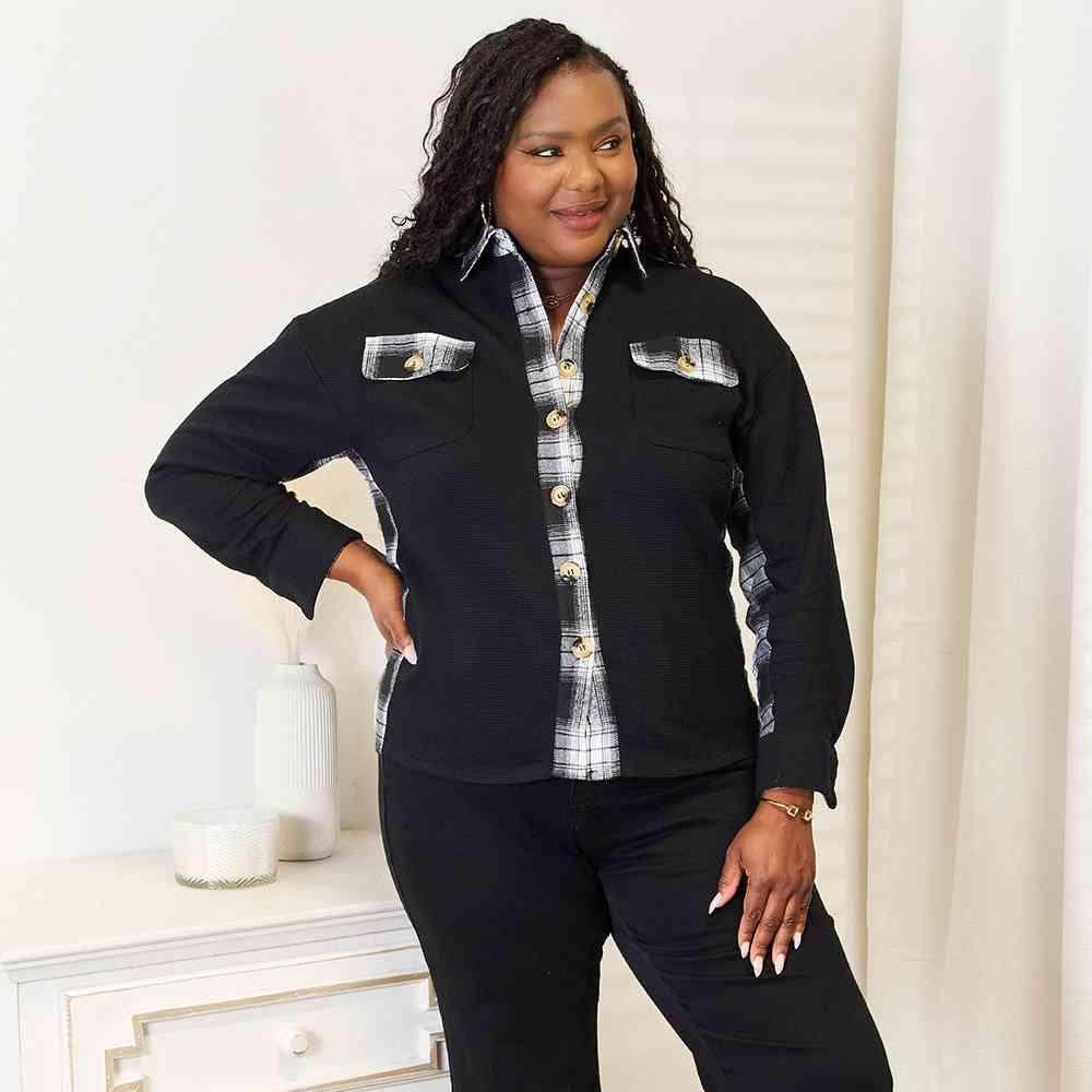 Trendsi women's vacation plaid shirt in black and white, featuring button front and stylish pockets