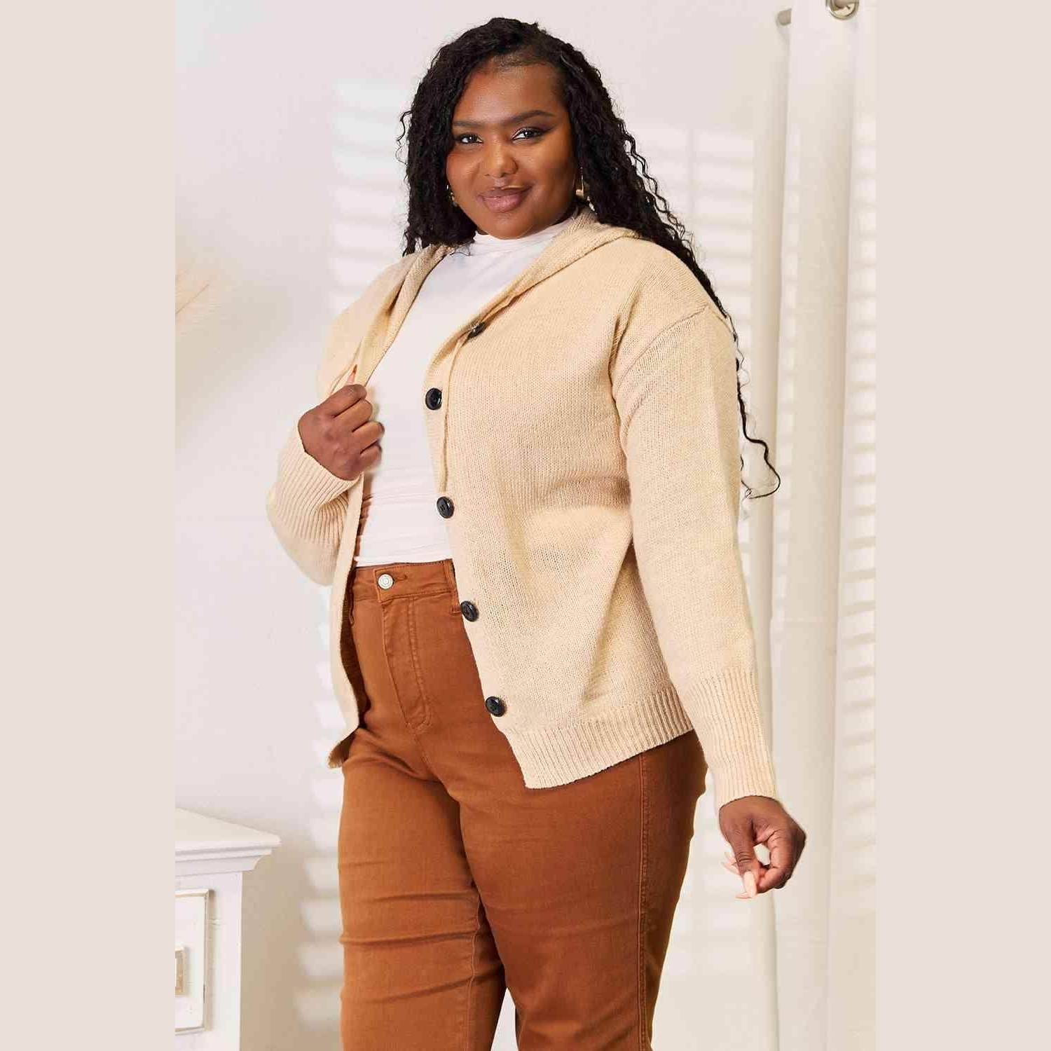 Trendsi woven long sleeve sweater in beige with button front design for a cozy look