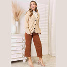 Trendsi women's woven long sleeve sweater in beige with buttons, styled with brown pants
