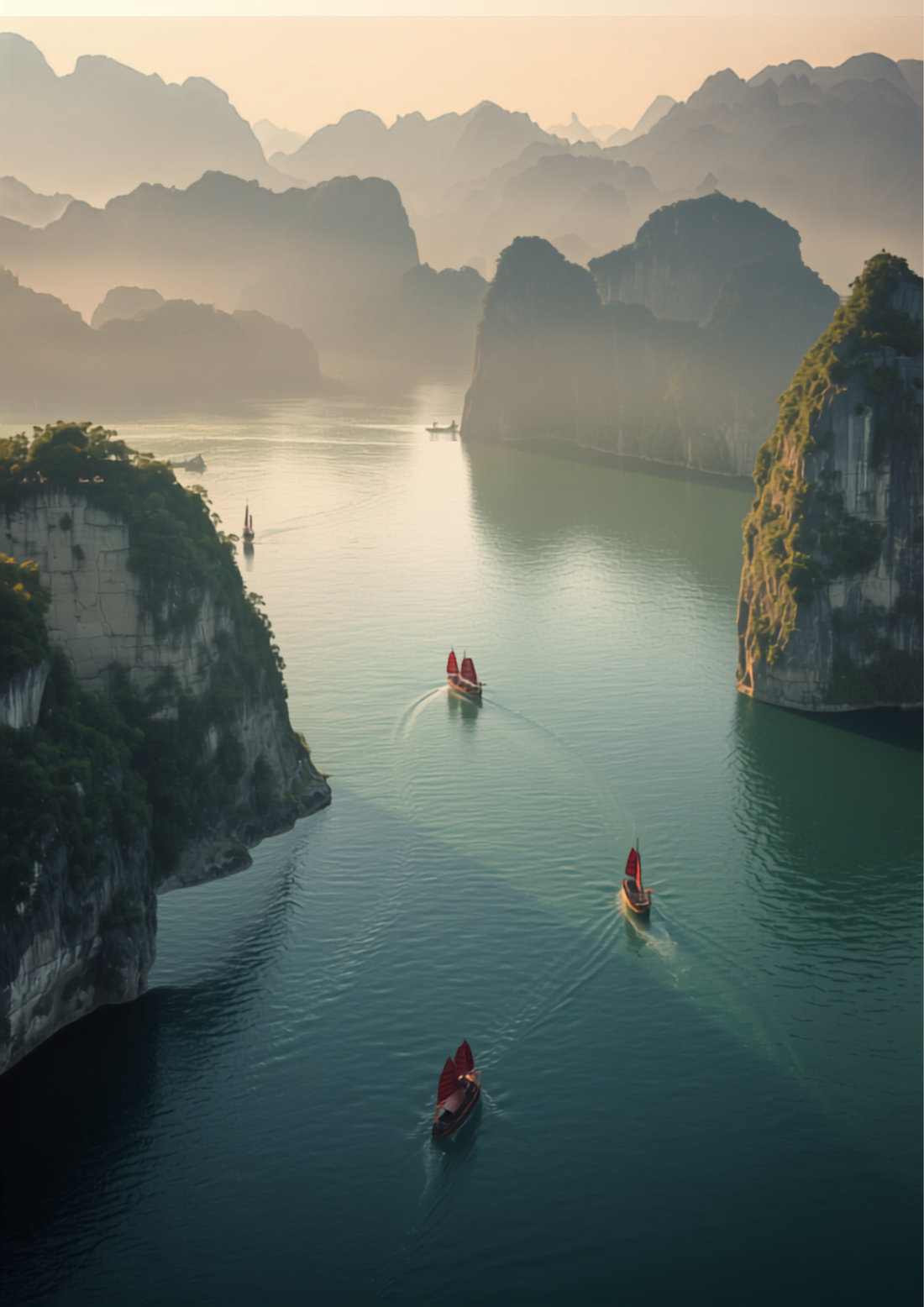 Ha Long Bay Vietnam limestone karsts with emerald water and traditional junk boats at sunrise