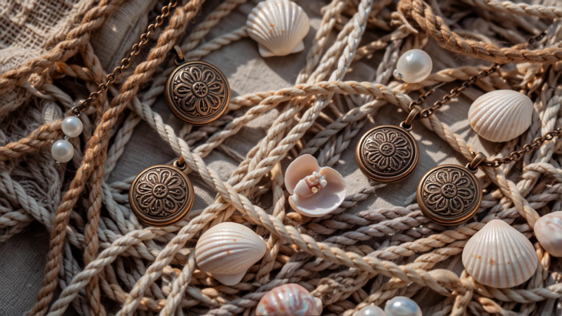 Close-up of delicate cord necklaces, lockets, and seashell charm jewelry