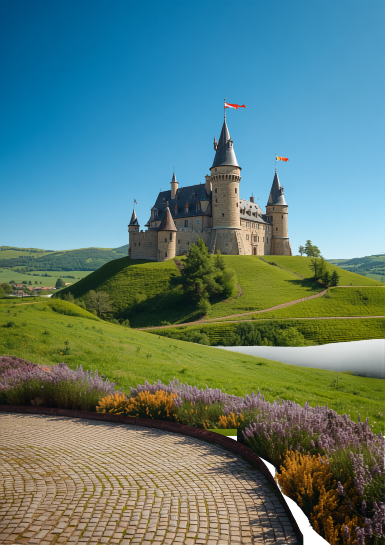 Magical European castle with turrets under blue sky