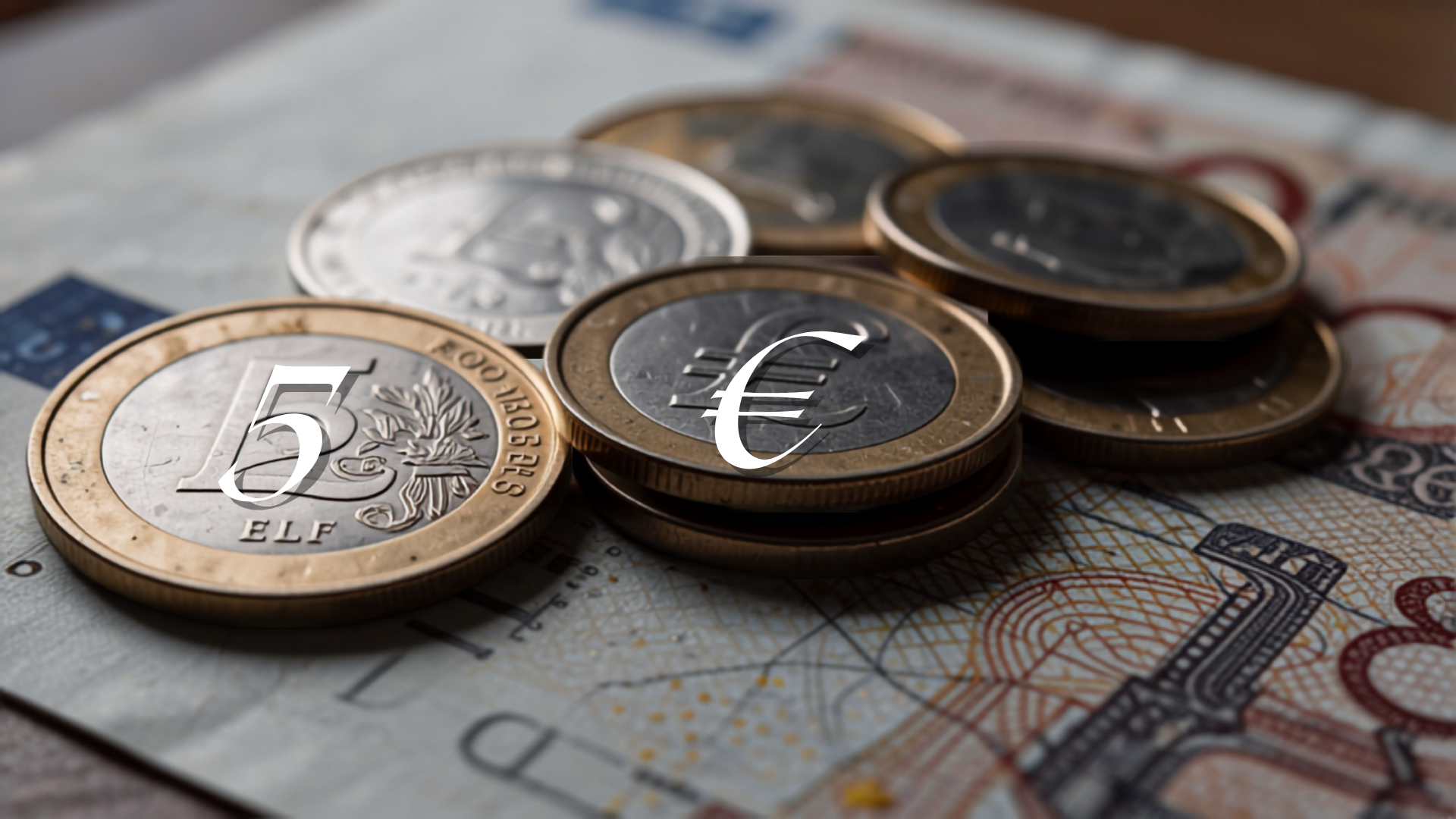Close-up of Euro coins and paper currency texture