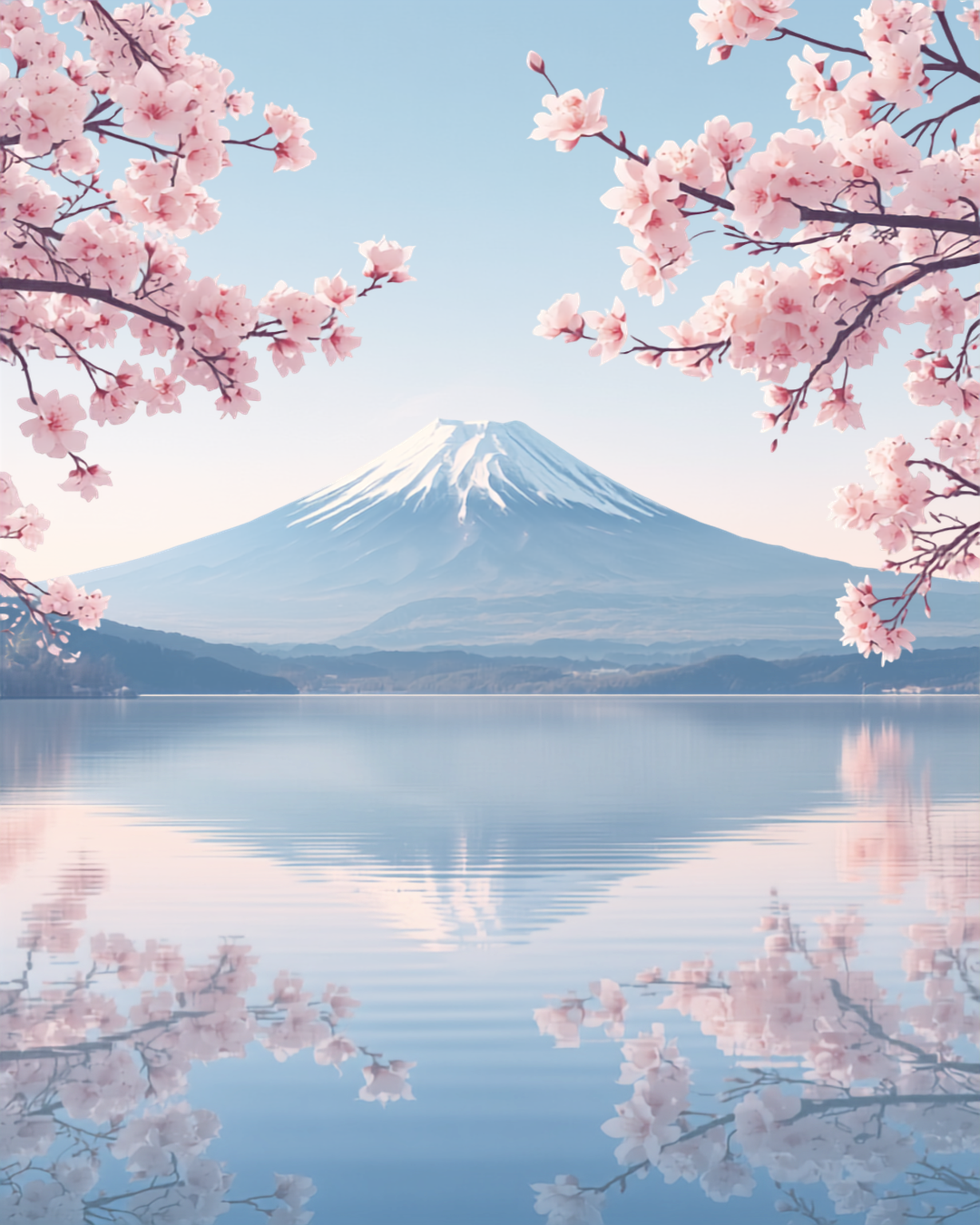 Mount Fuji Japan reflected in still lake surrounded by cherry blossom trees in spring