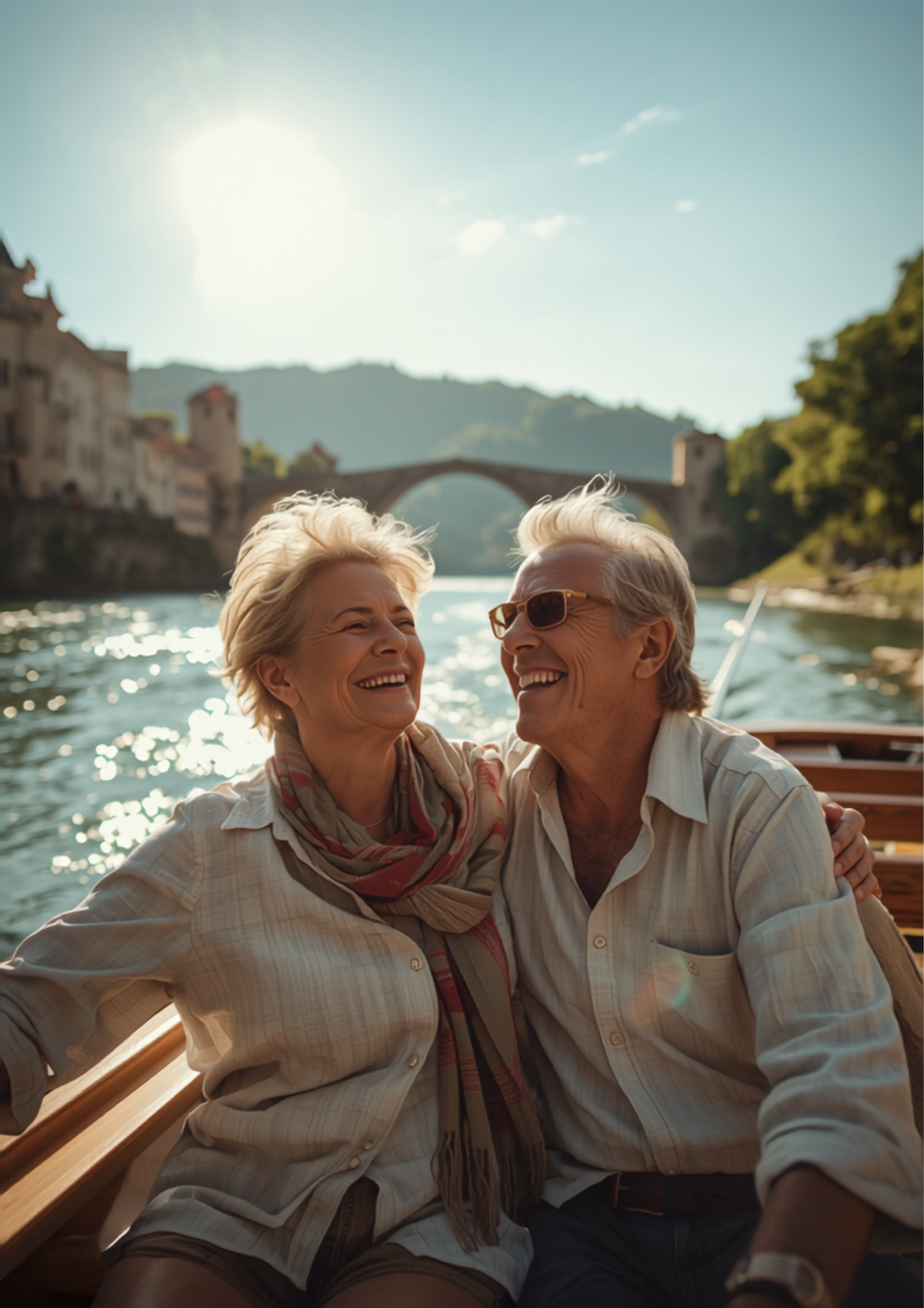 Active mature couple laughing together on a scenic European river cruise boat deck