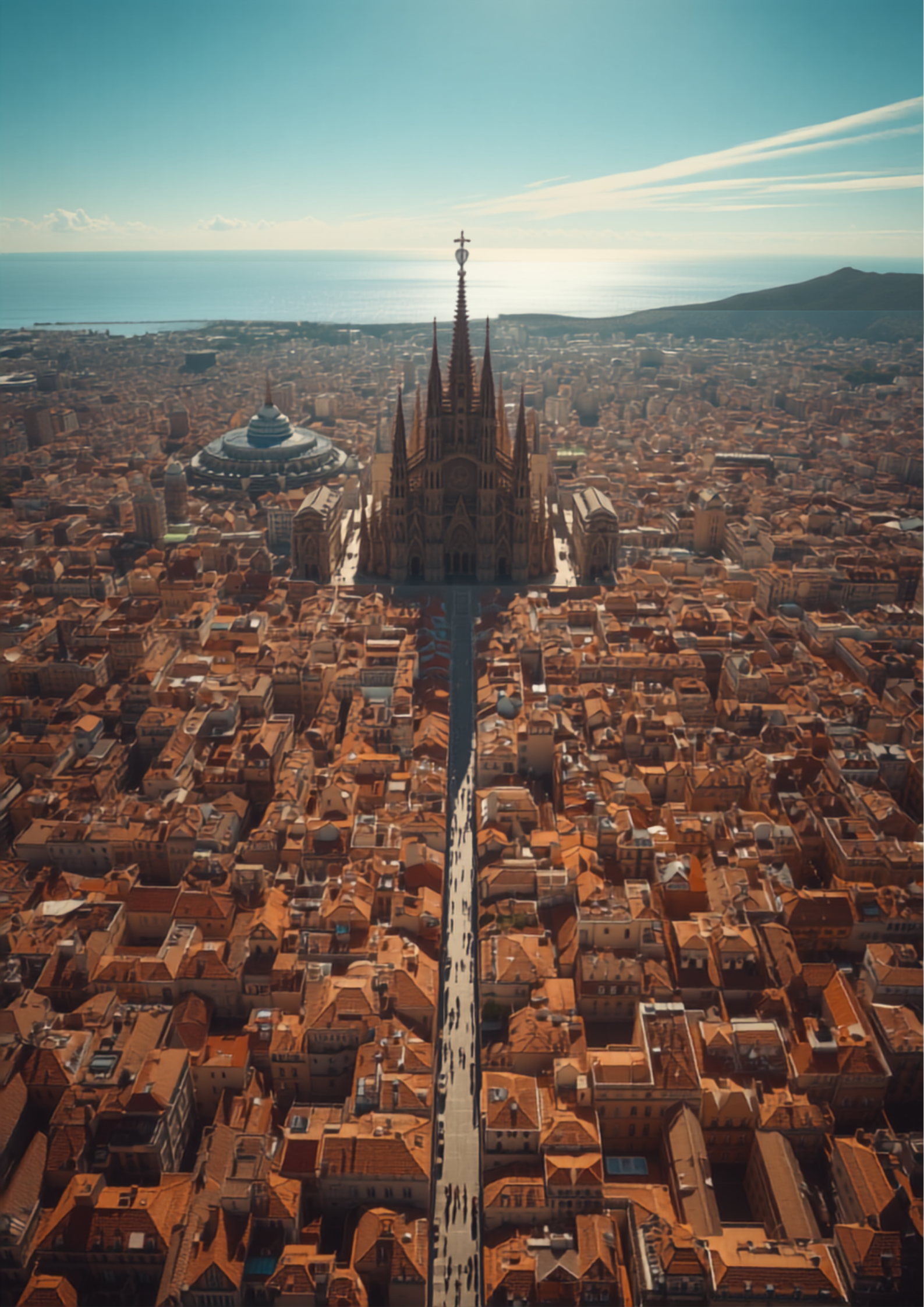 Aerial view of Barcelona Spain at sunrise with the Sagrada Familia cathedral illuminated in golden light