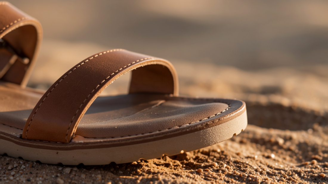 Close-up macro photography of women's leather sandal strap and sole detail