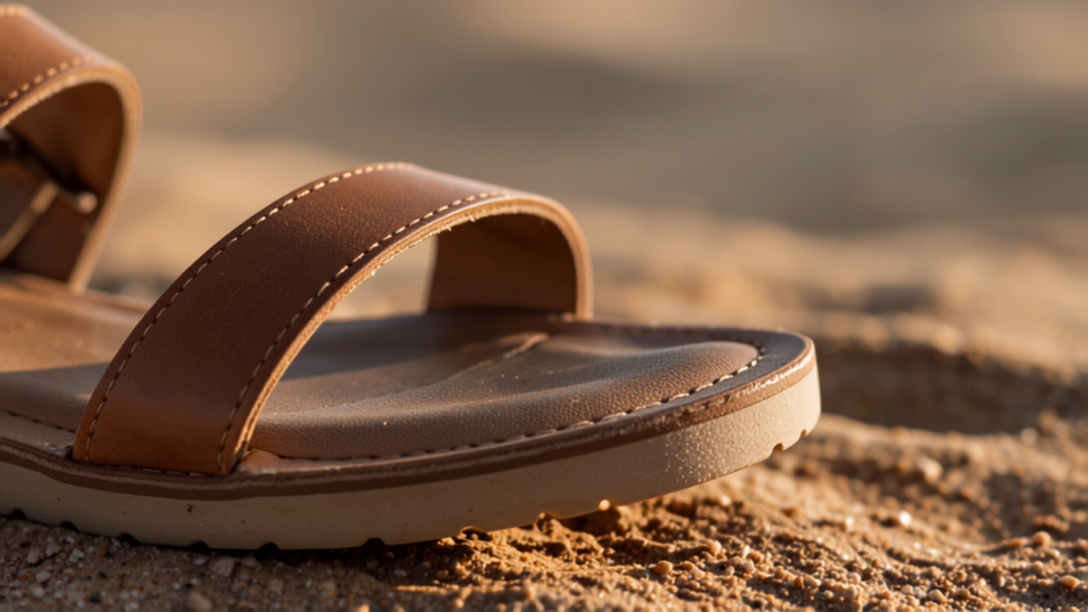 Close-up macro photography of women's leather sandal strap and sole detail