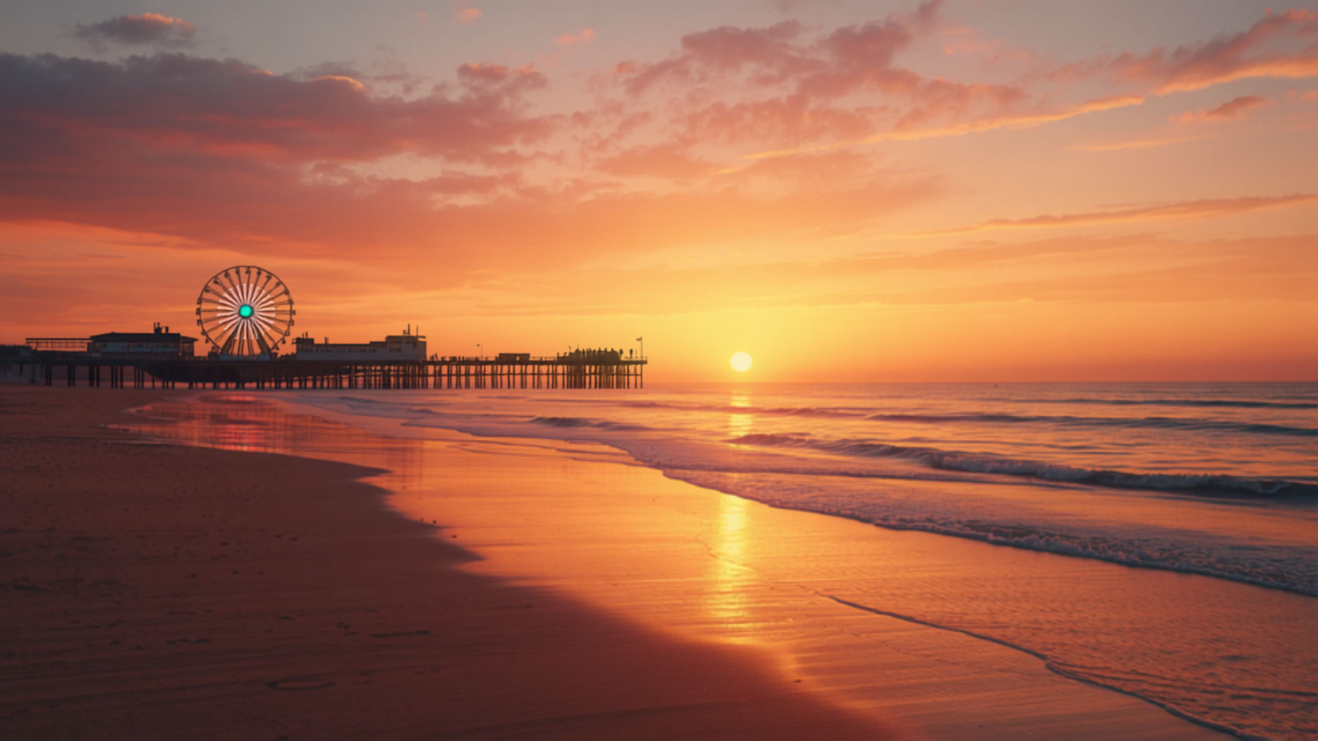 Santa Monica beach and pier at sunset