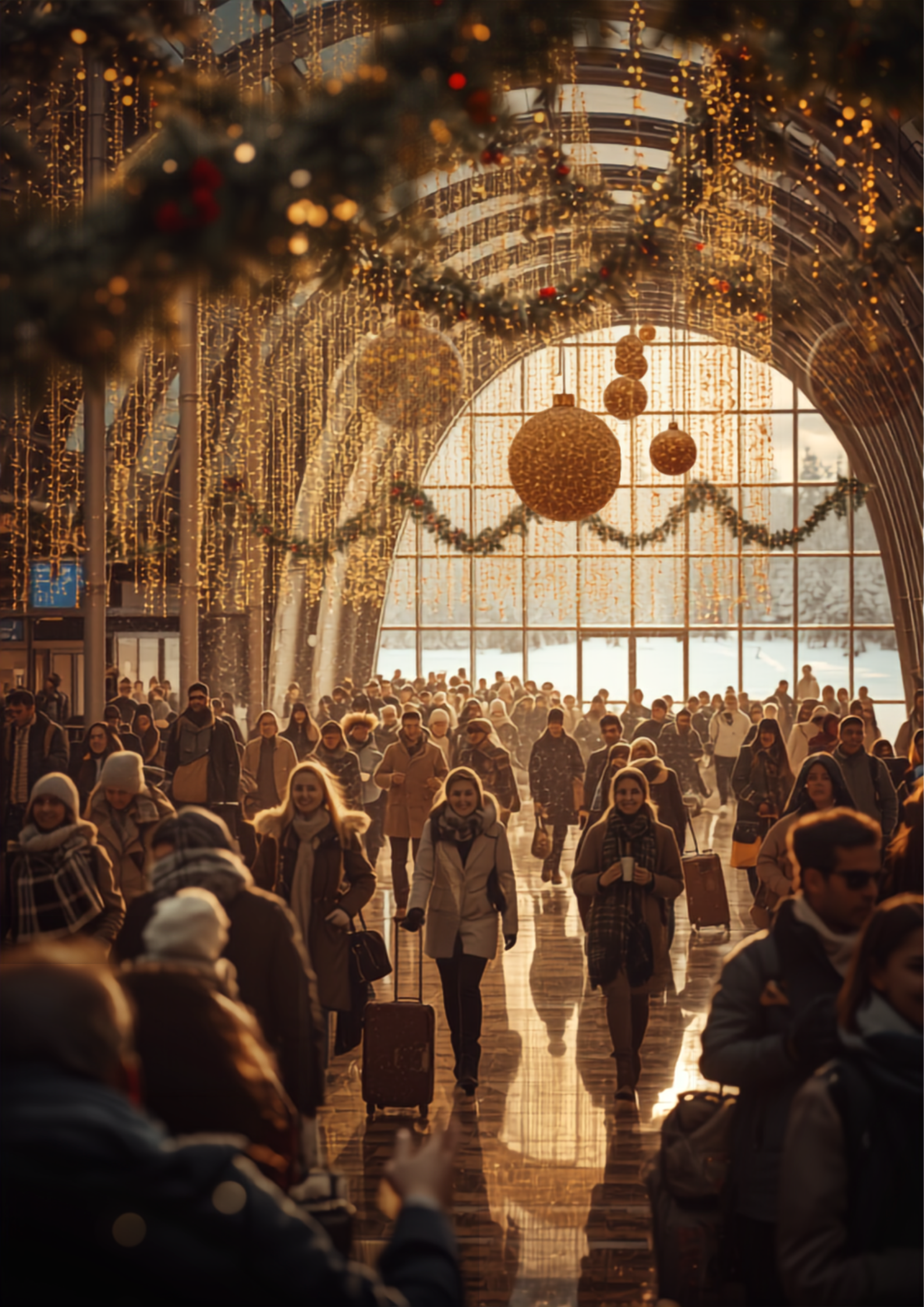Festive Christmas airport terminal with holiday decorations and warm golden light