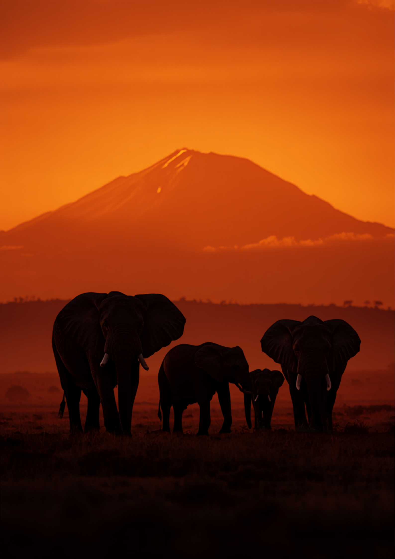 African savanna at golden hour with elephant silhouettes against dramatic orange sunset and Mount Kilimanjaro