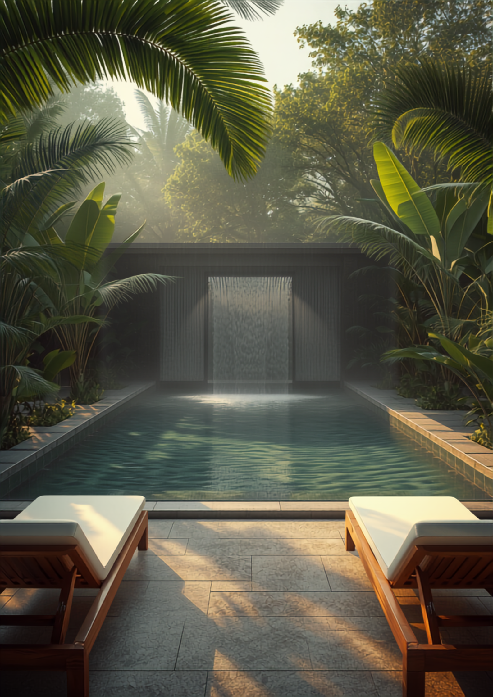 Luxurious outdoor spa terrace with infinity pool overlooking lush tropical jungle
