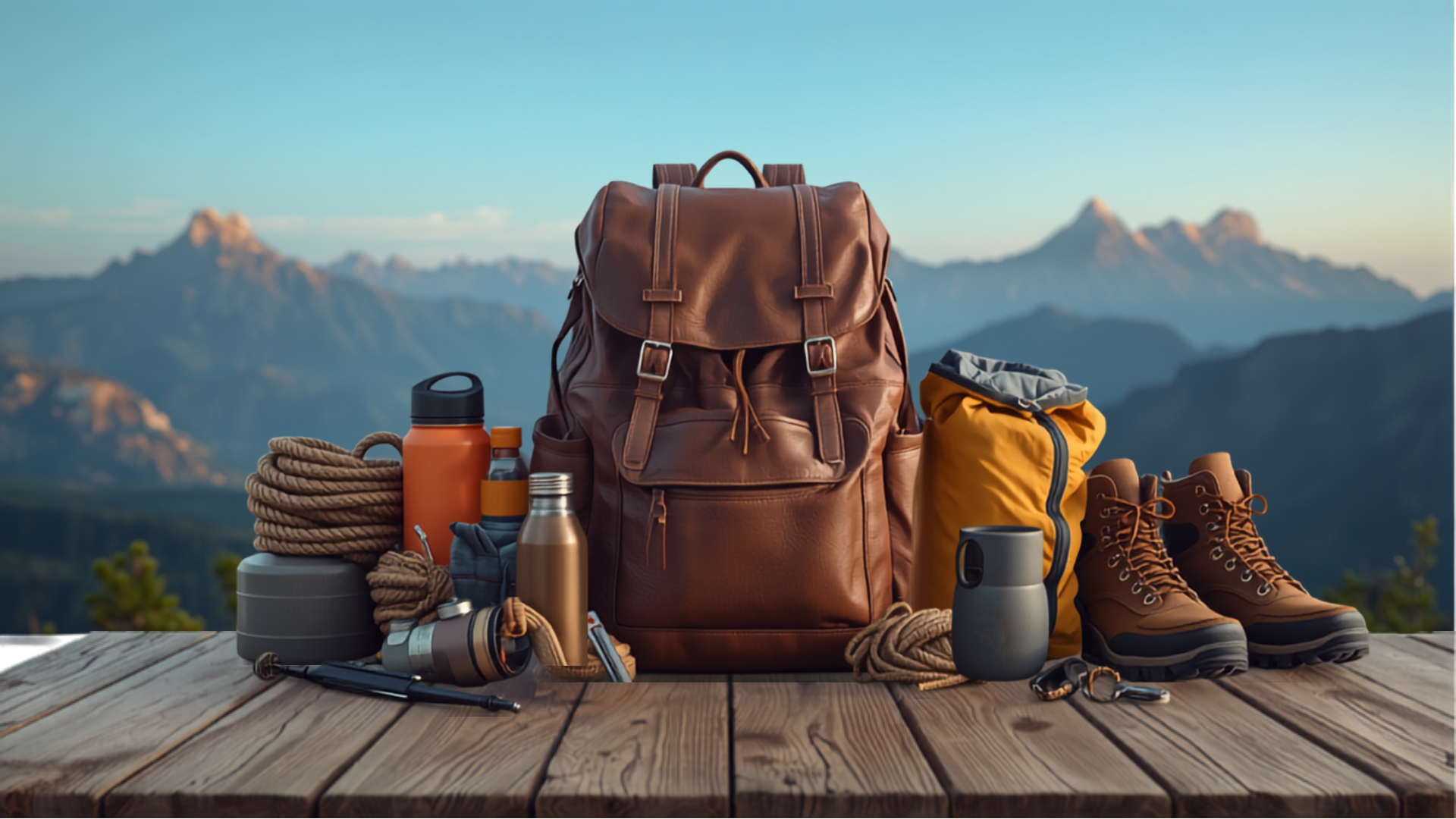 Vibrant hiking gear laid out with distant mountain peaks