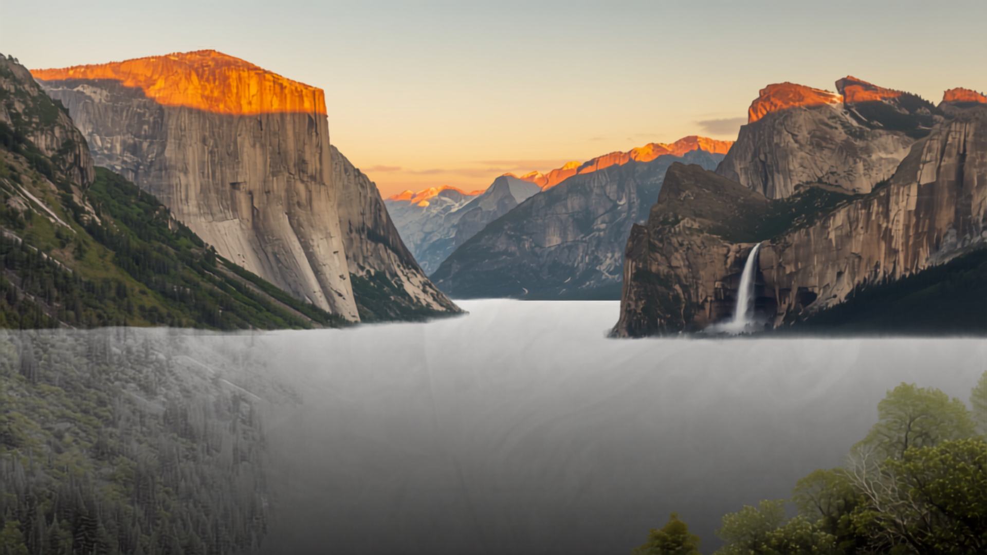 Yosemite National Park at golden hour, showing El Capitan, Half Dome, and Yosemite Falls with valley fog