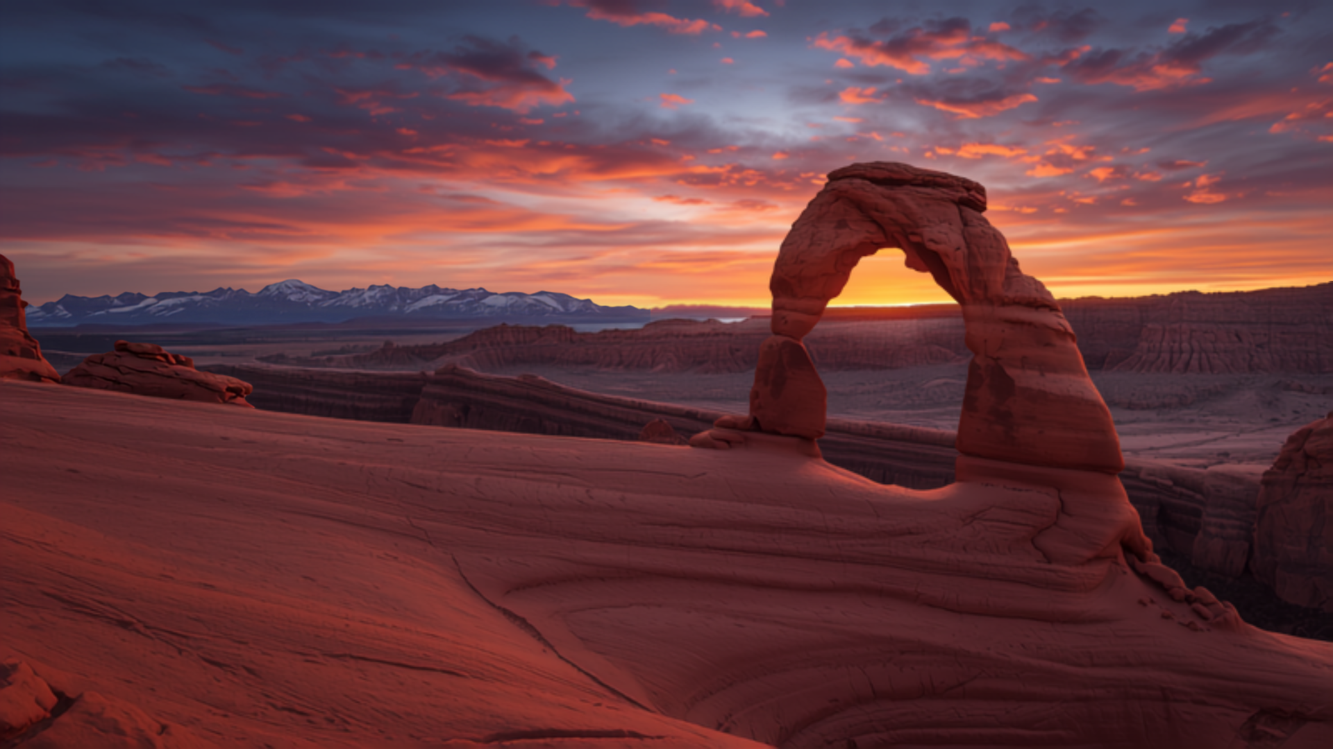 Delicate Arch silhouetted at sunset in Arches National Park