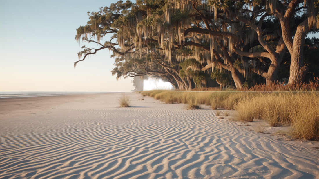 Hilton Head Island coastline with beach, marsh grass, and live oak trees