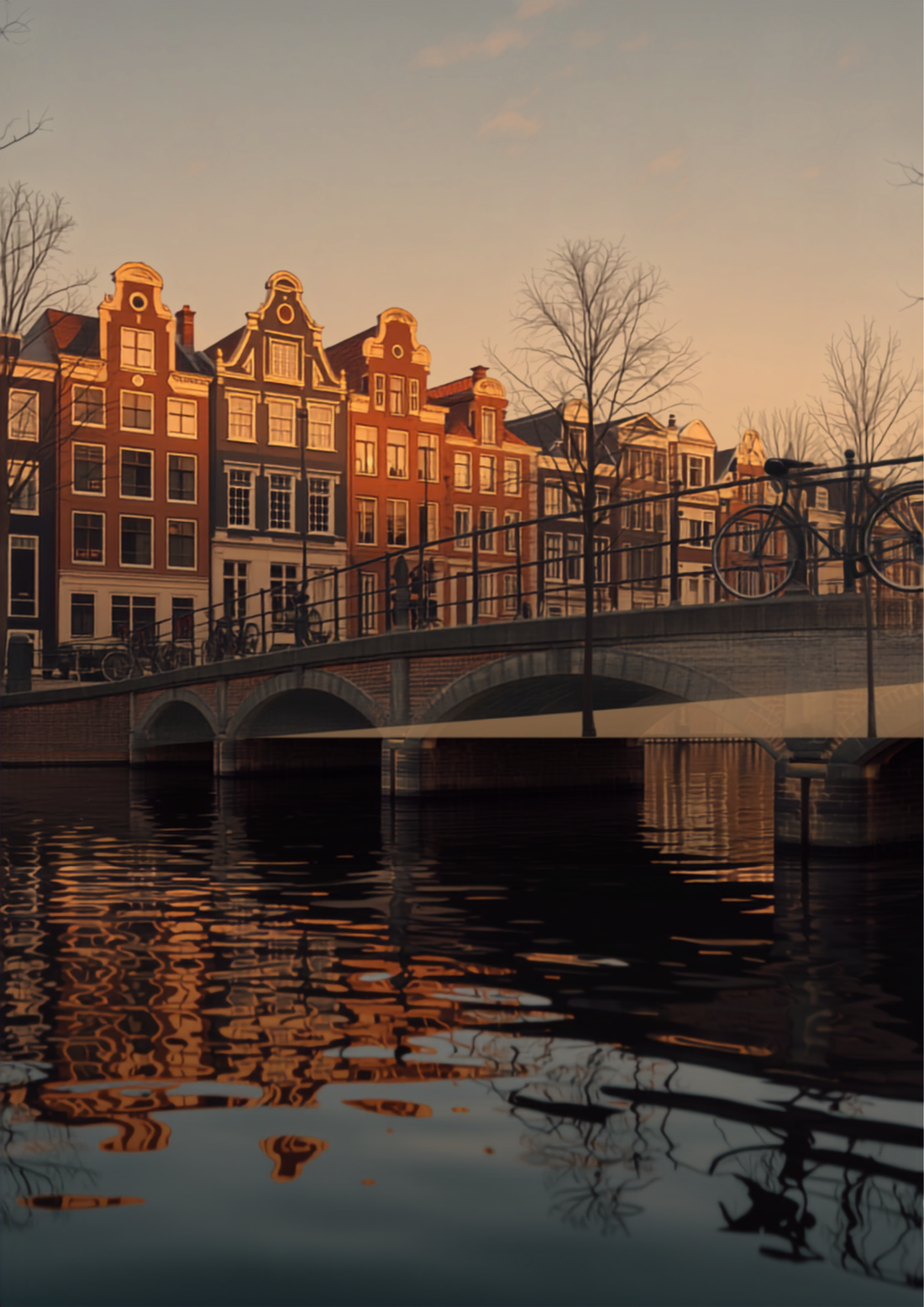 Amsterdam Netherlands canal at dusk with Dutch gabled houses and golden reflections in water