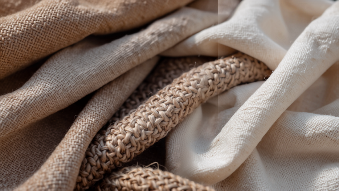 Raw natural fiber fabric textures including linen and organic cotton representing 2026 sustainable fabric trends
