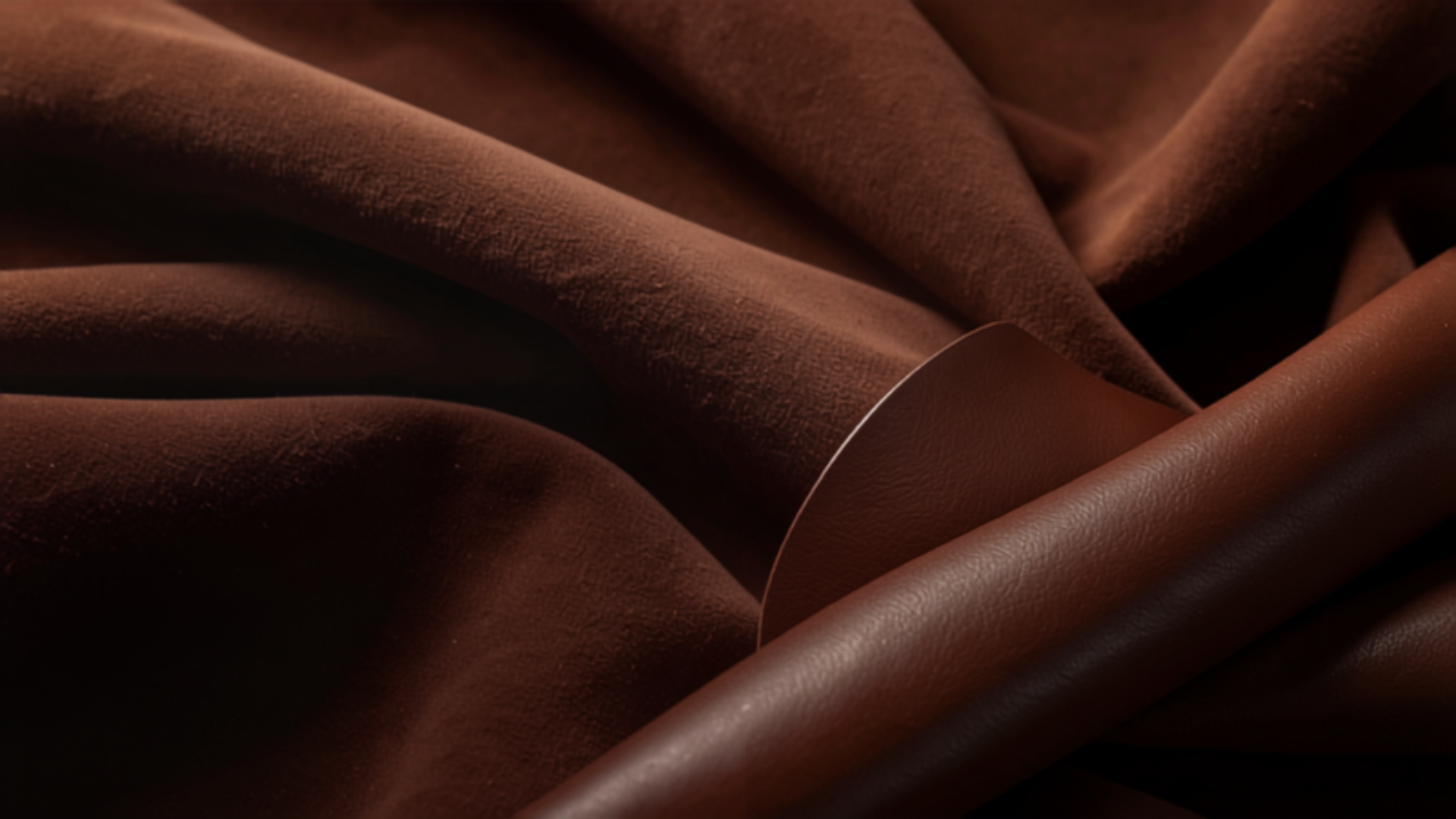 Rich chocolate brown fabric and leather in dramatic folds representing 2026's most sophisticated neutral