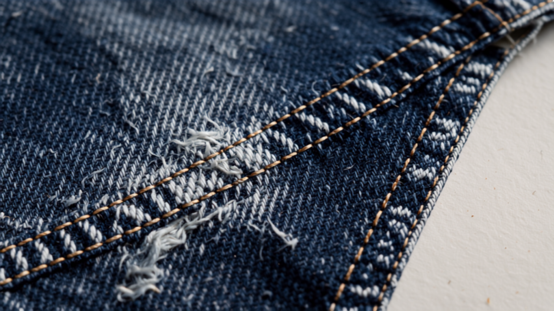 Close-up of bootcut denim jean fabric texture with indigo weave and stitching detail