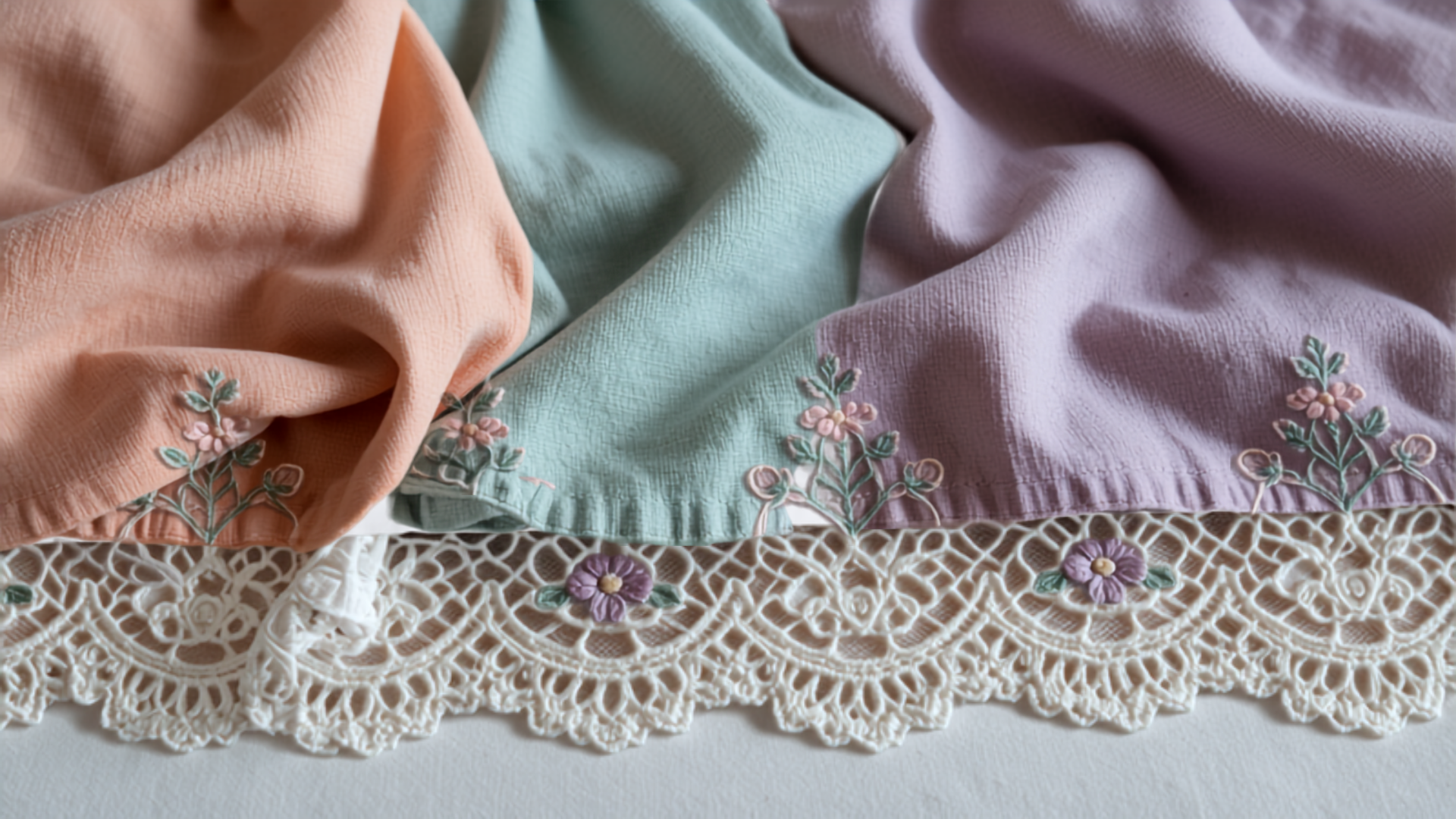 Close-up of delicate lace-trim shorts fabric with cotton weave and lace edge detail