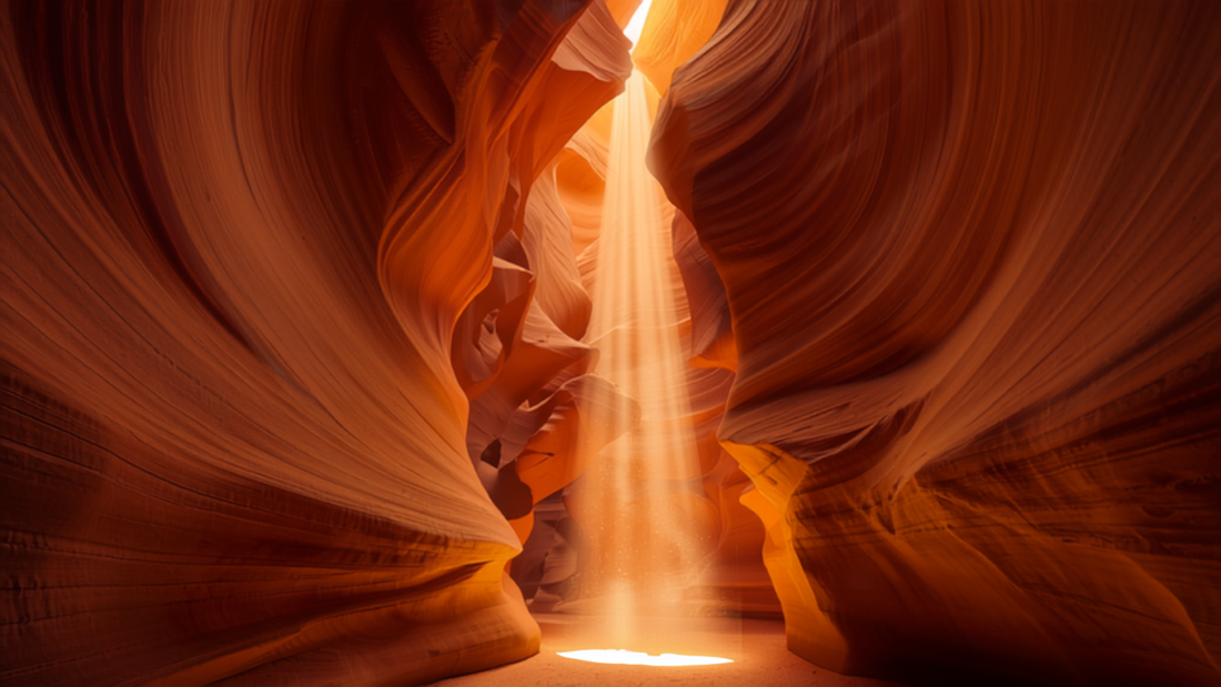 Slot canyon with glowing orange sandstone walls and light beam