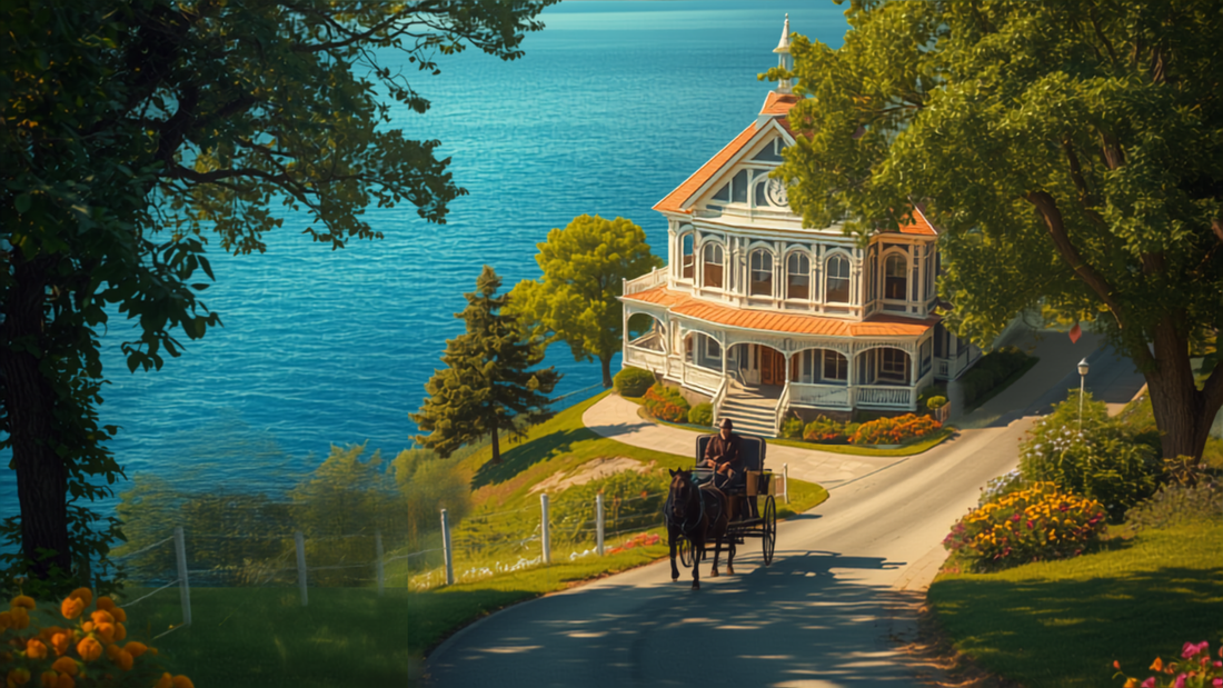 Victorian building overlooking blue lake on Mackinac Island
