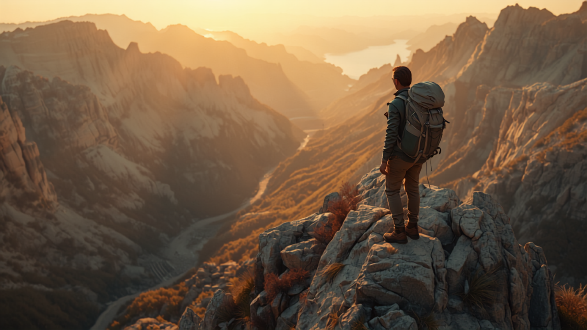 Hiker on a rugged mountain trail with jagged peaks in the distance