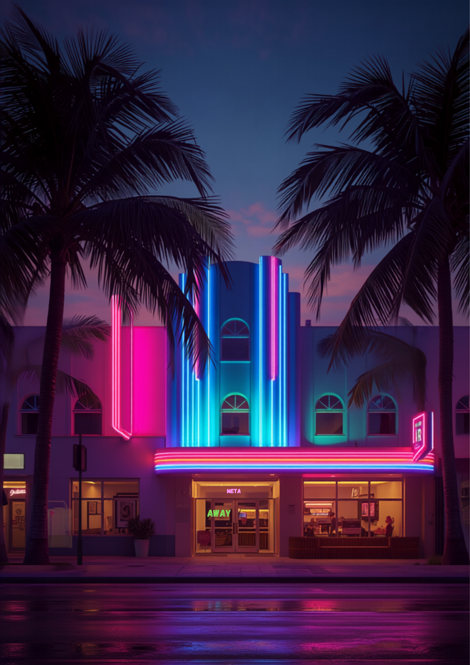 Miami South Beach Art Deco buildings with vibrant neon lights at dusk