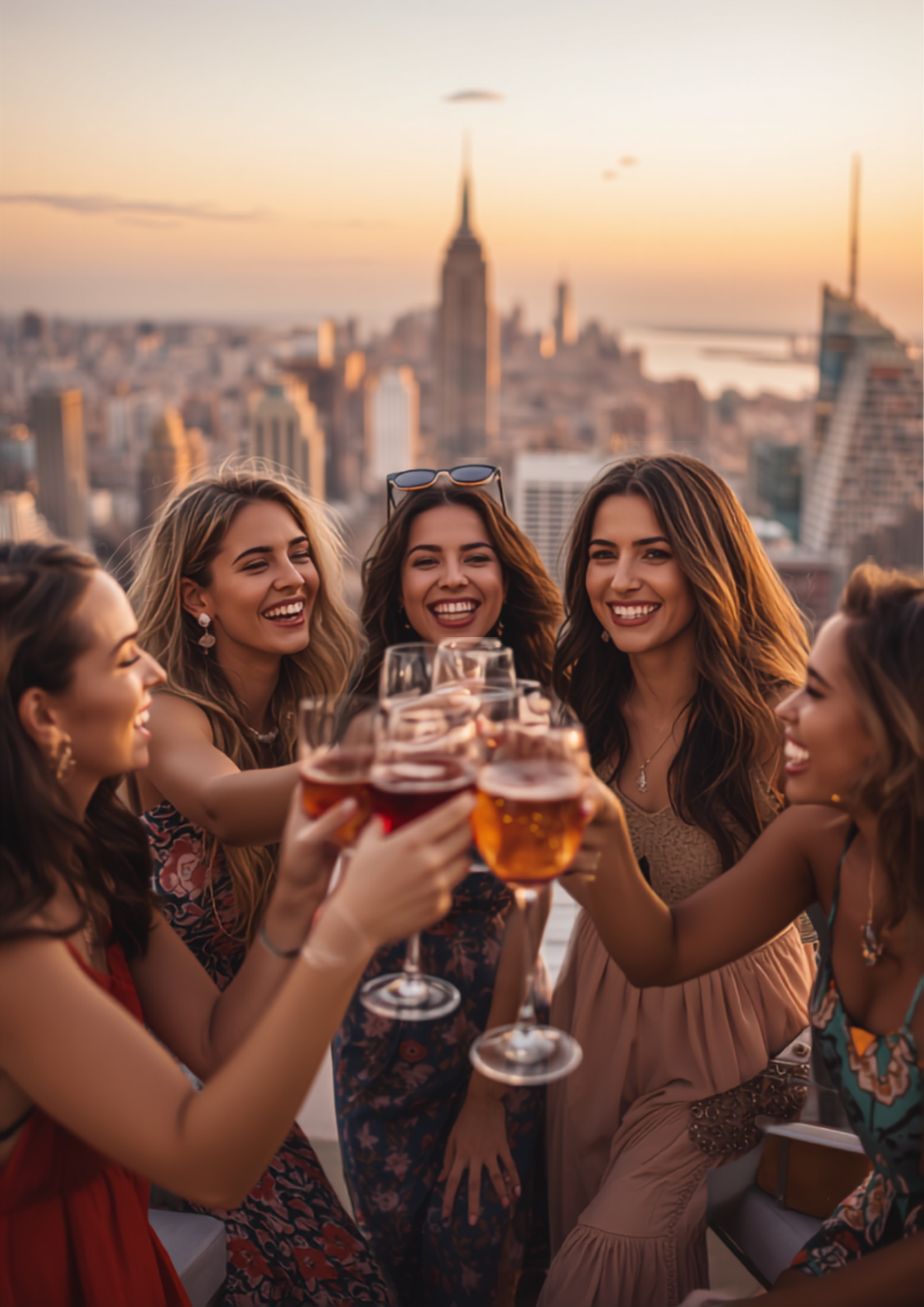 Women celebrating at a vibrant rooftop bar overlooking city skyline at sunset