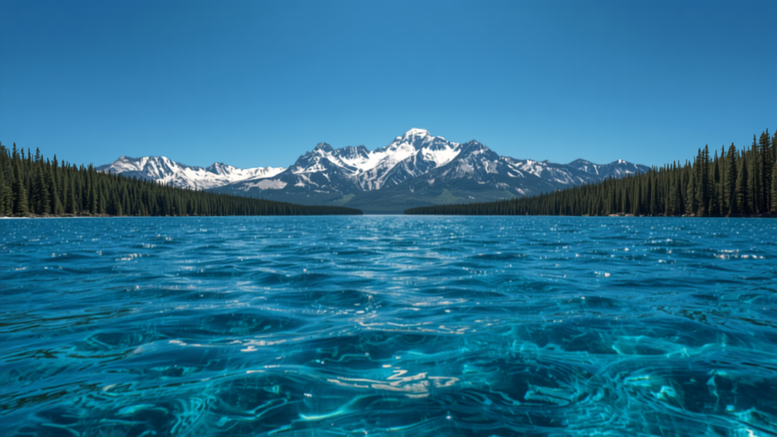 Lake Tahoe crystal clear blue water with pine forest and mountains