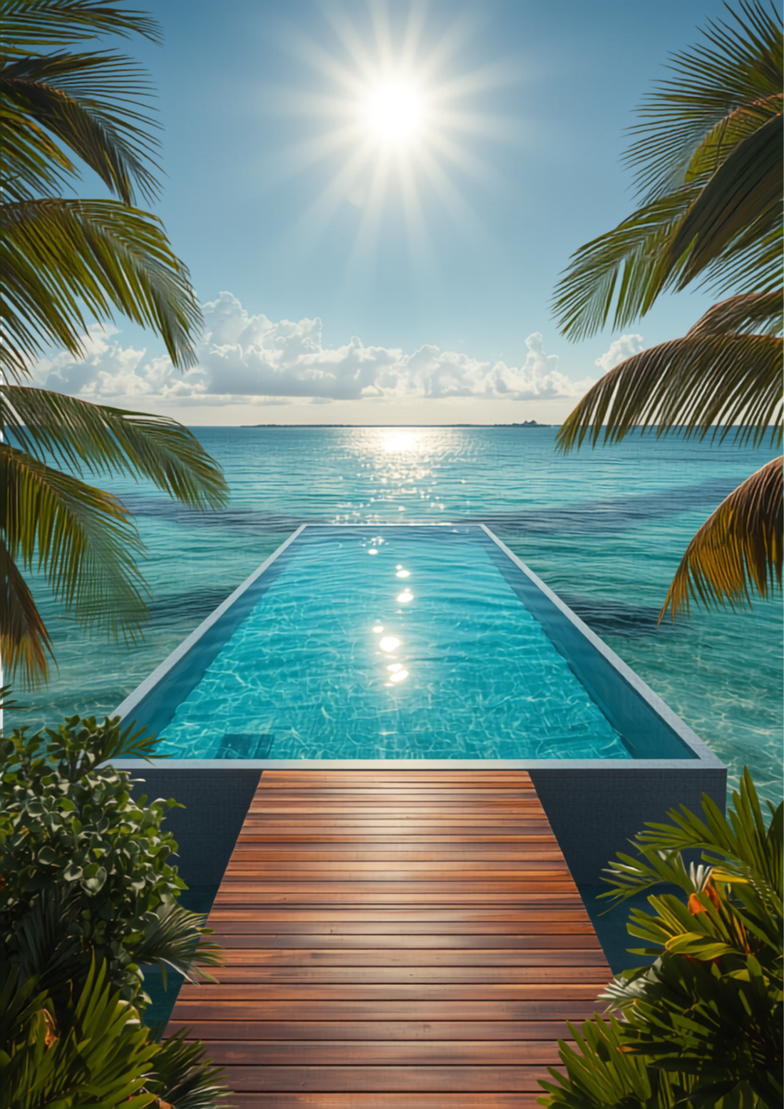 Overwater resort infinity pool merging with turquoise ocean in a tropical paradise