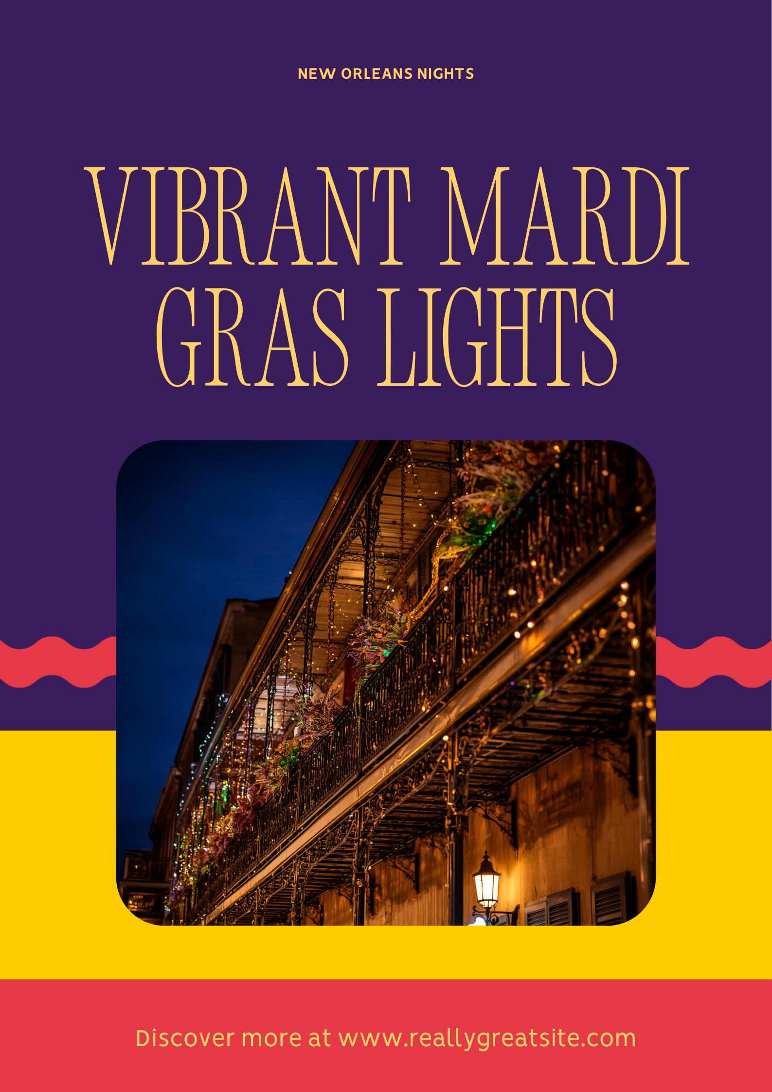 New Orleans French Quarter at night with vibrant Mardi Gras lights and iron lace balconies