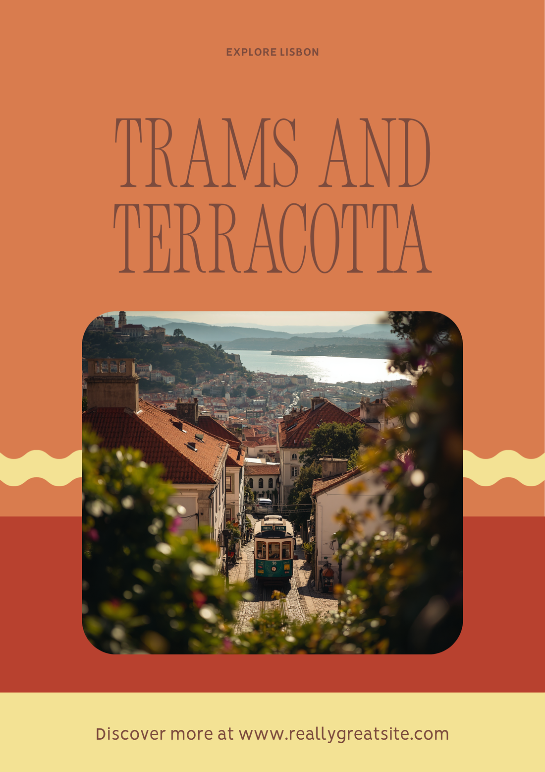 Colorful tram climbing the historic hills of Lisbon Portugal with terracotta rooftops