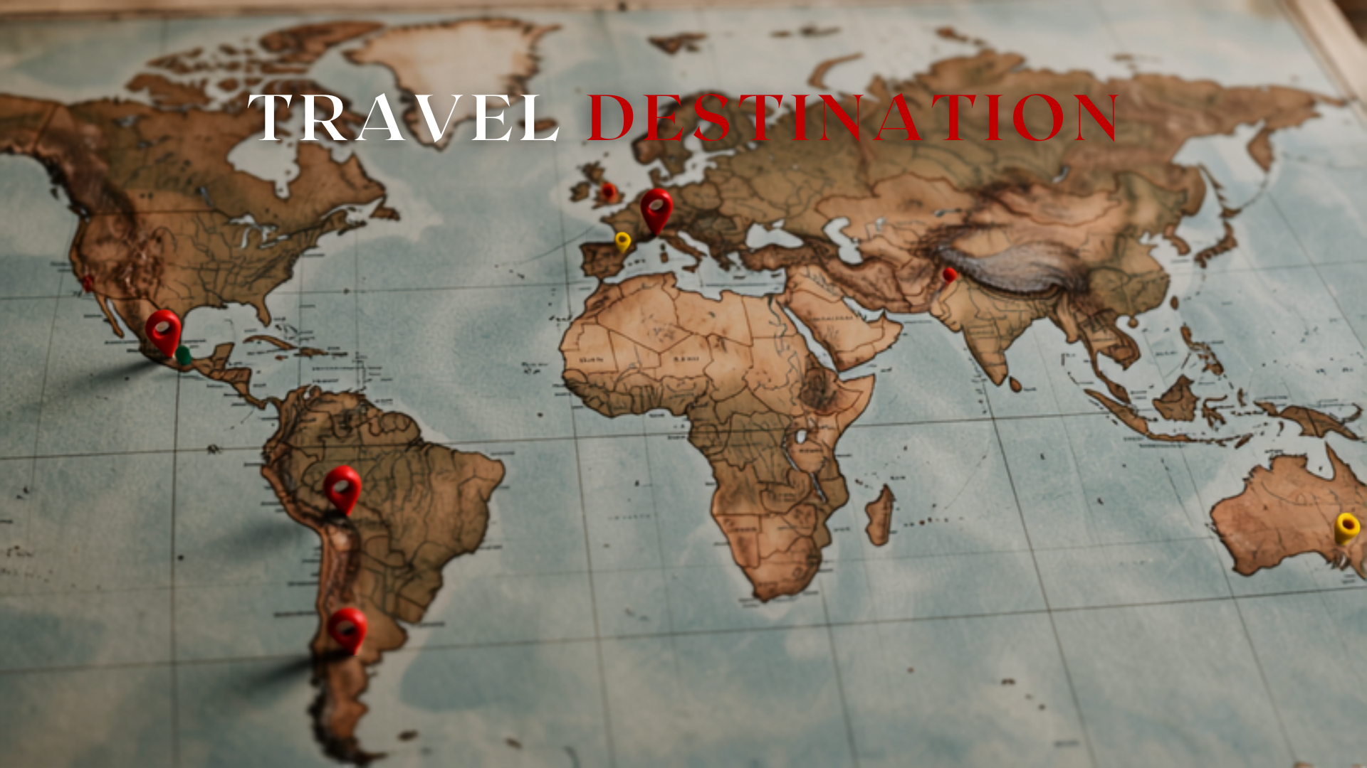 Close-up of a world map with colorful pins