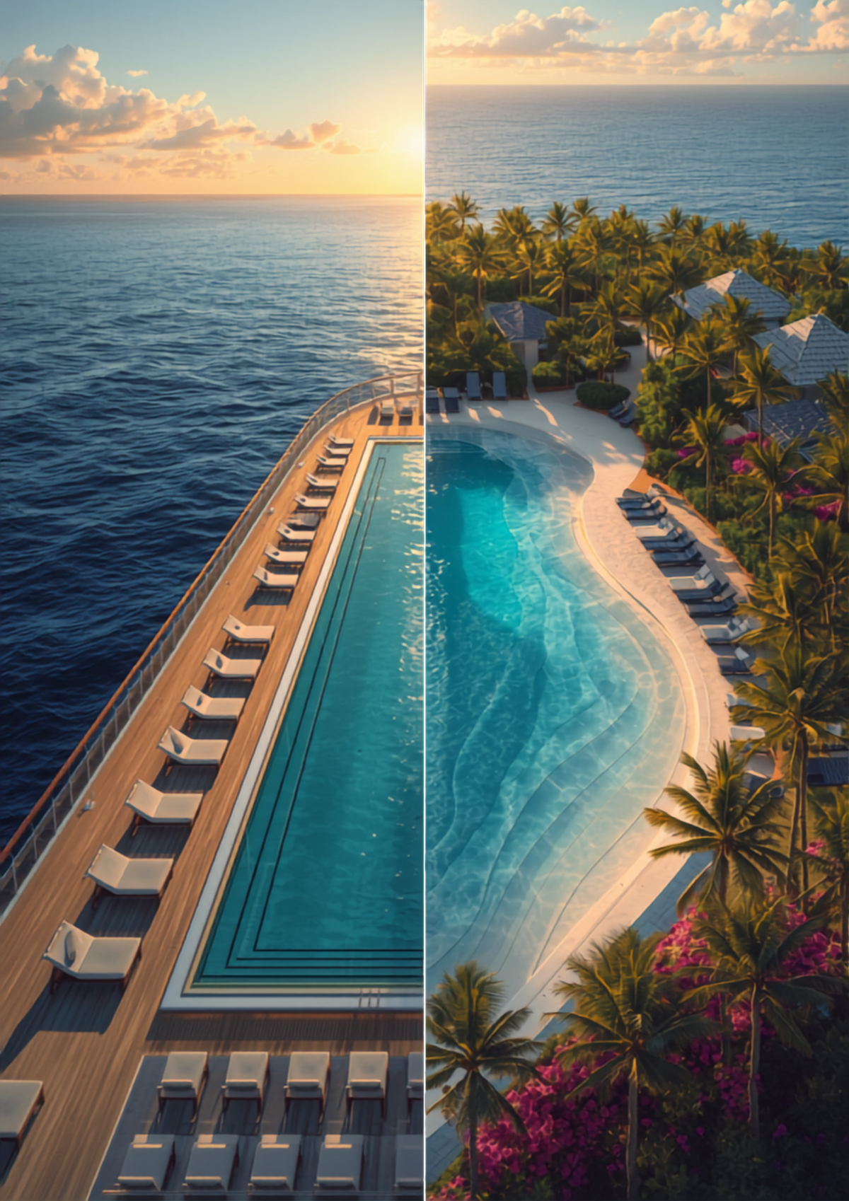 Luxury cruise ship pool deck at sea alongside a tropical all-inclusive resort infinity pool on the beach