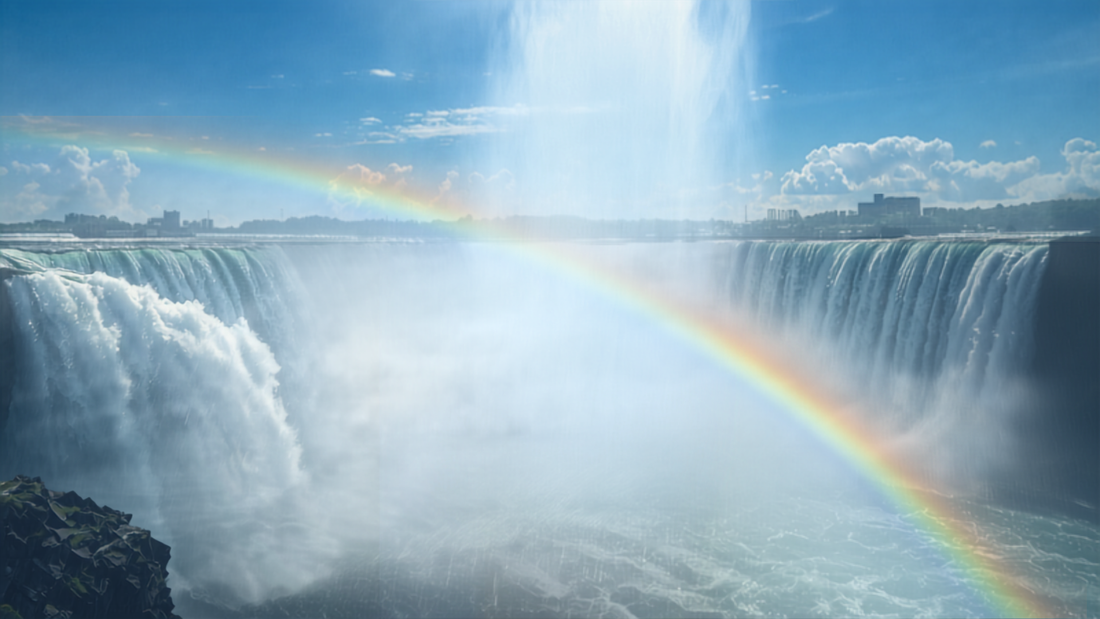 Niagara Falls with rushing water, mist, and rainbow