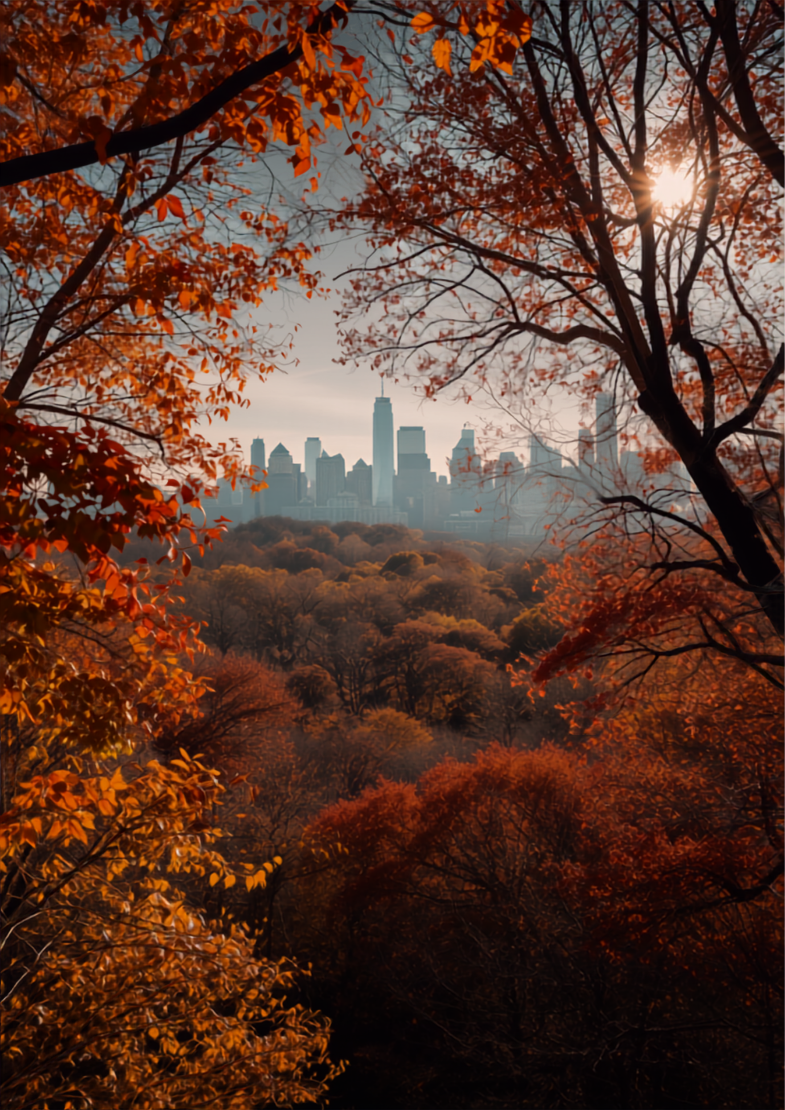 Central Park in autumn with golden red foliage and New York City skyline
